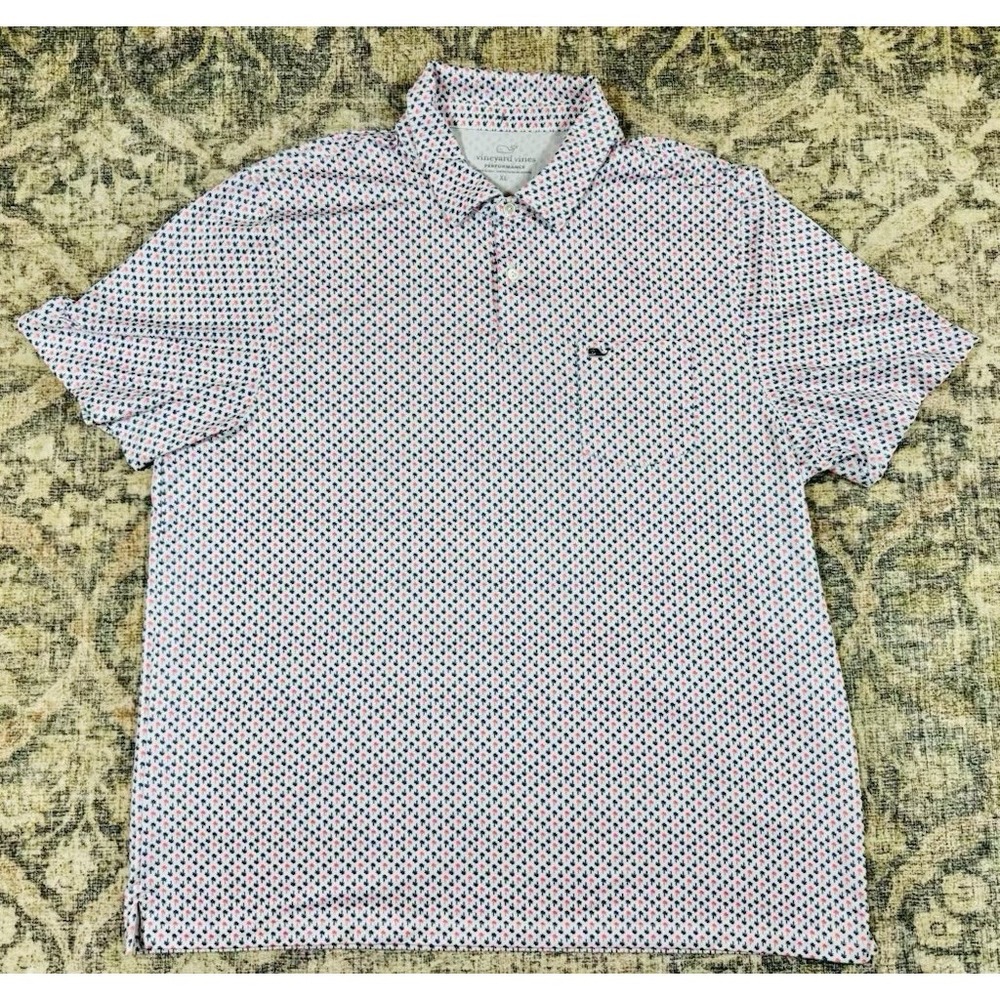 Vineyard Vines Performance Polo Shirt Mens XL Blue/Pink Palm Tree AOP S/S B8 - Picture 6 of 7